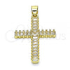 Oro Laminado Religious Pendant, Gold Filled Style Cross and Baguette Design, with White Cubic Zirconia, Polished, Golden Finish, 05.102.0054