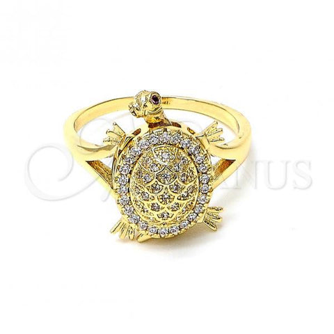 Oro Laminado Multi Stone Ring, Gold Filled Style Turtle Design, with White and Ruby Micro Pave, Polished, Golden Finish, 01.100.0002.08 (Size 8)