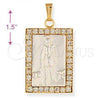 Oro Laminado Religious Pendant, Gold Filled Style San Lazaro Design, with White Cubic Zirconia, Polished, Two Tone, 5.198.030