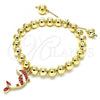 Oro Laminado Adjustable Bolo Bracelet, Gold Filled Style Dolphin and Ball Design, with White Crystal, Red Enamel Finish, Golden Finish, 03.63.2035.08