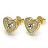 Oro Laminado Stud Earring, Gold Filled Style Heart Design, with White Micro Pave, Polished, Golden Finish, 02.156.0298