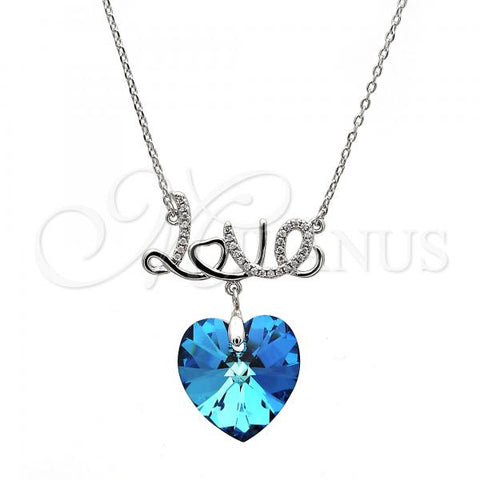 Rhodium Plated Pendant Necklace, Heart and Love Design, with Bermuda Blue Swarovski Crystals and White Micro Pave, Polished, Rhodium Finish, 04.239.0029.1.16