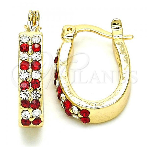 Oro Laminado Small Hoop, Gold Filled Style with Garnet and White Crystal, Polished, Golden Finish, 02.100.0095.1.12