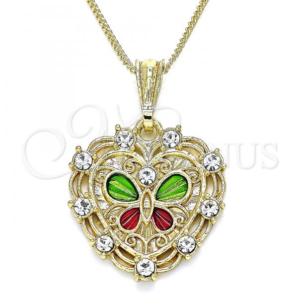 Oro Laminado Pendant Necklace, Gold Filled Style Heart and Butterfly Design, with White Crystal, Polished, Tricolor, 04.351.0015.20