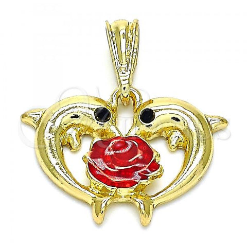 Oro Laminado Religious Pendant, Gold Filled Style Dolphin and Flower Design, with Black Crystal, Red Enamel Finish, Golden Finish, 05.380.0136