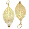 Oro Laminado Dangle Earring, Gold Filled Style Leaf and Filigree Design, with White Crystal, Polished, Golden Finish, 65.001