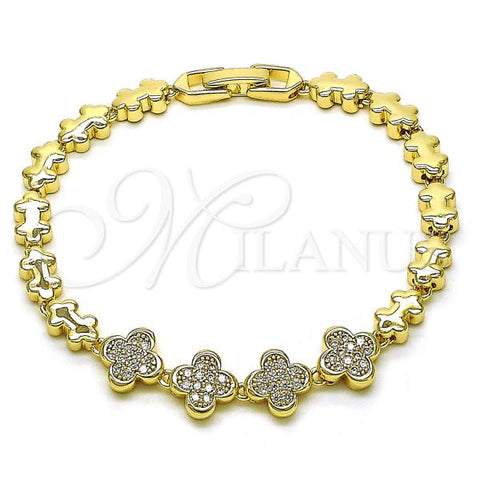 Oro Laminado Fancy Bracelet, Gold Filled Style Four-leaf Clover Design, with White Cubic Zirconia, Polished, Golden Finish, 03.283.0428.07