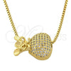 Oro Laminado Pendant Necklace, Gold Filled Style Purse and Box Design, with White Micro Pave, Polished, Golden Finish, 04.63.0014