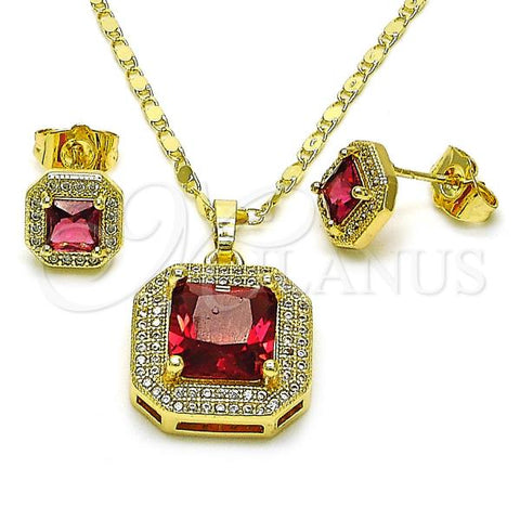 Oro Laminado Earring and Pendant Adult Set, Gold Filled Style Cluster Design, with Ruby Cubic Zirconia and White Micro Pave, Polished, Golden Finish, 10.196.0161