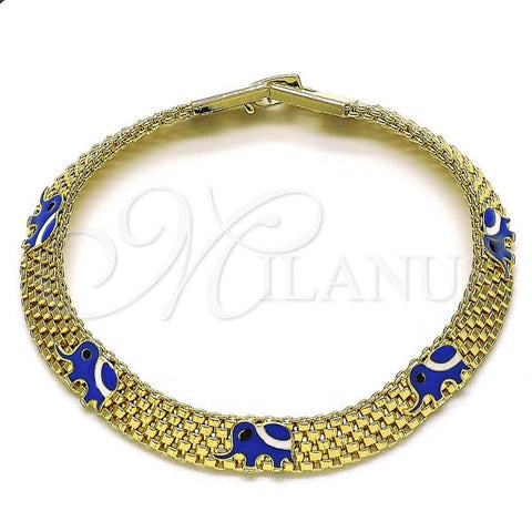 Oro Laminado Fancy Bracelet, Gold Filled Style Elephant and Bismark Design, Blue Enamel Finish, Golden Finish, 03.331.0218.08