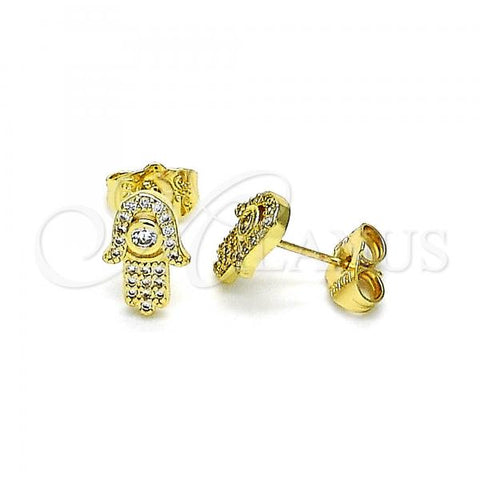 Oro Laminado Stud Earring, Gold Filled Style Hand of God Design, with White Micro Pave and White Cubic Zirconia, Polished, Golden Finish, 02.156.0647