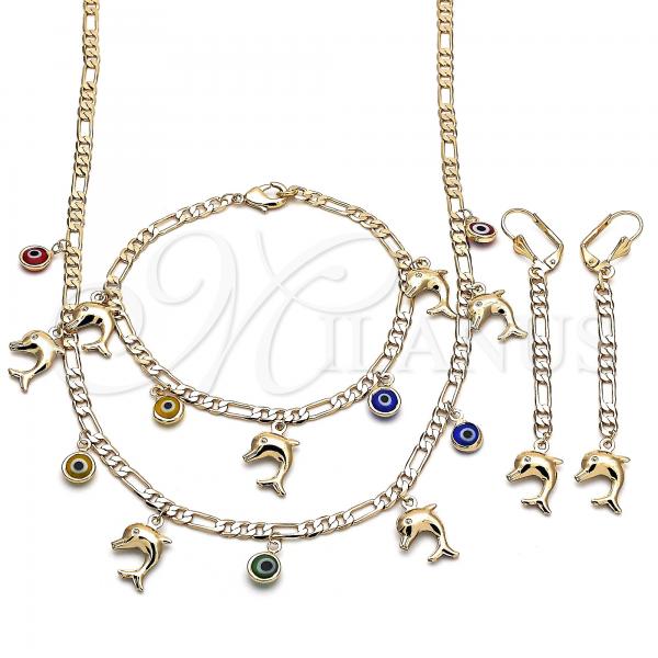 Oro Laminado Necklace, Bracelet and Earring, Gold Filled Style Dolphin and Evil Eye Design, Multicolor Resin Finish, Golden Finish, 06.213.0012