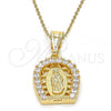 Oro Laminado Religious Pendant, Gold Filled Style Guadalupe Design, with White Cubic Zirconia, Polished, Golden Finish, 05.120.0016