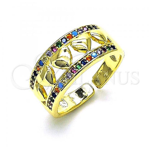 Oro Laminado Multi Stone Ring, Gold Filled Style Heart Design, with Multicolor Micro Pave, Polished, Golden Finish, 01.210.0115.1
