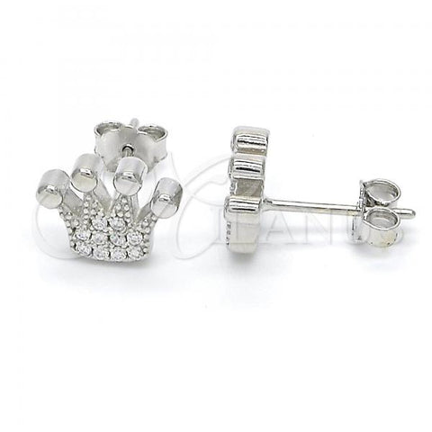 Sterling Silver Stud Earring, Crown Design, with White Cubic Zirconia, Polished, Rhodium Finish, 02.336.0048