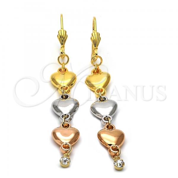 Oro Laminado Long Earring, Gold Filled Style Heart Design, with White Cubic Zirconia, Polished, Tricolor, 5.082.009