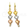 Oro Laminado Long Earring, Gold Filled Style Heart Design, with White Cubic Zirconia, Polished, Tricolor, 5.082.009