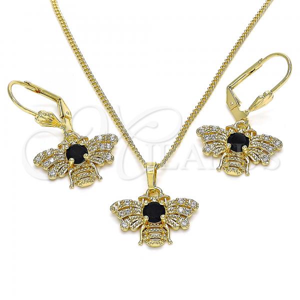 Oro Laminado Earring and Pendant Adult Set, Gold Filled Style Bee Design, with Black and White Cubic Zirconia, Polished, Golden Finish, 10.210.0140.2