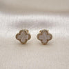 Oro Laminado Stud Earring, Gold Filled Style Four-leaf Clover Design, with Ivory Mother of Pearl and White Micro Pave, Polished, Golden Finish, 02.283.0245