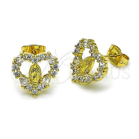 Oro Laminado Stud Earring, Gold Filled Style Guadalupe and Heart Design, with White Cubic Zirconia, Polished, Golden Finish, 02.210.0843