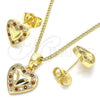 Oro Laminado Earring and Pendant Adult Set, Gold Filled Style Heart Design, with Garnet and White Micro Pave, Polished, Golden Finish, 10.233.0034.8