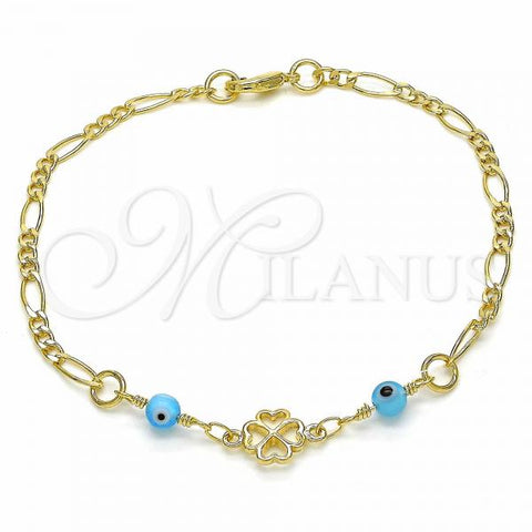 Oro Laminado Fancy Bracelet, Gold Filled Style Evil Eye and Heart Design, Blue Polished, Golden Finish, 03.09.0066.06