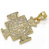 Oro Laminado Religious Pendant, Gold Filled Style San Benito and Flower Design, Polished, Golden Finish, 05.253.0064