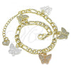 Oro Laminado Charm Bracelet, Gold Filled Style Butterfly Design, Polished, Tricolor, 03.351.0118.07