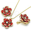 Oro Laminado Earring and Pendant Adult Set, Gold Filled Style Flower Design, with Garnet and White Crystal, Polished, Golden Finish, 10.64.0158.2