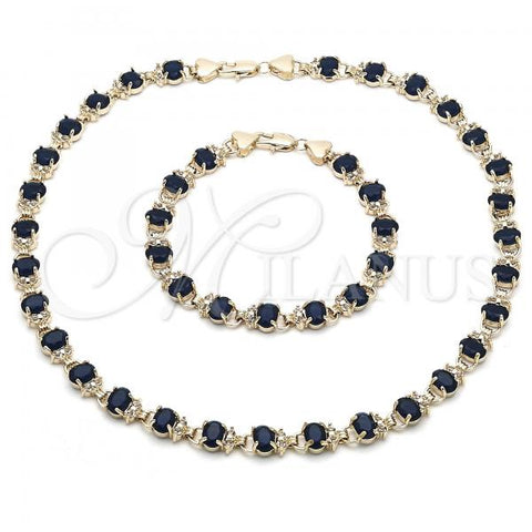 Oro Laminado Necklace and Bracelet, Gold Filled Style Heart Design, with Sapphire Blue and White Cubic Zirconia, Polished, Golden Finish, 06.284.0005.2