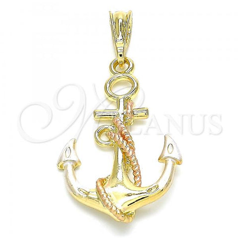 Oro Laminado Fancy Pendant, Gold Filled Style Anchor and Twist Design, Polished, Tricolor, 05.380.0097