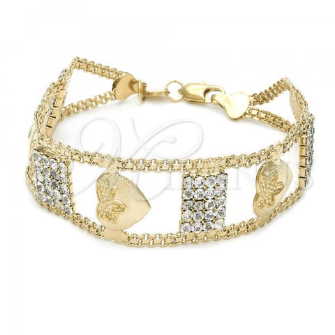 Oro Laminado Fancy Bracelet, Gold Filled Style Heart Design, with White Crystal, Golden Finish, 22.001