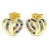 Oro Laminado Stud Earring, Gold Filled Style Heart Design, with Multicolor Micro Pave, Polished, Golden Finish, 02.94.0107.2