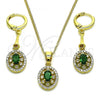 Oro Laminado Earring and Pendant Adult Set, Gold Filled Style with Green Cubic Zirconia and White Micro Pave, Polished, Golden Finish, 10.387.0009.1