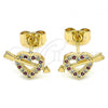 Oro Laminado Stud Earring, Gold Filled Style Heart Design, with Ruby and White Micro Pave, Polished, Golden Finish, 02.344.0032.1