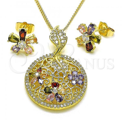 Oro Laminado Earring and Pendant Adult Set, Gold Filled Style Leaf and Flower Design, with Multicolor Cubic Zirconia and White Micro Pave, Polished, Golden Finish, 10.210.0172