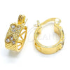 Oro Laminado Huggie Hoop, Gold Filled Style Heart Design, with White Crystal, Diamond Cutting Finish, Golden Finish, 02.168.0031