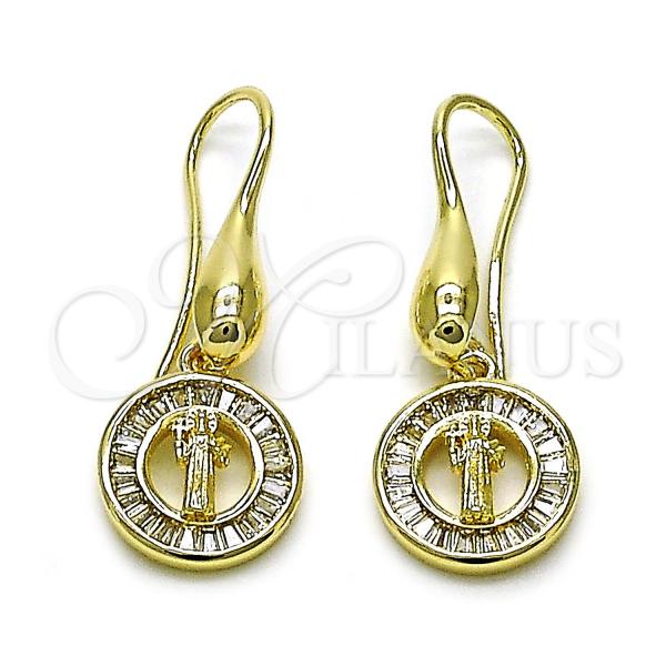 Oro Laminado Dangle Earring, Gold Filled Style San Benito and Baguette Design, with White Cubic Zirconia, Polished, Golden Finish, 02.253.0087