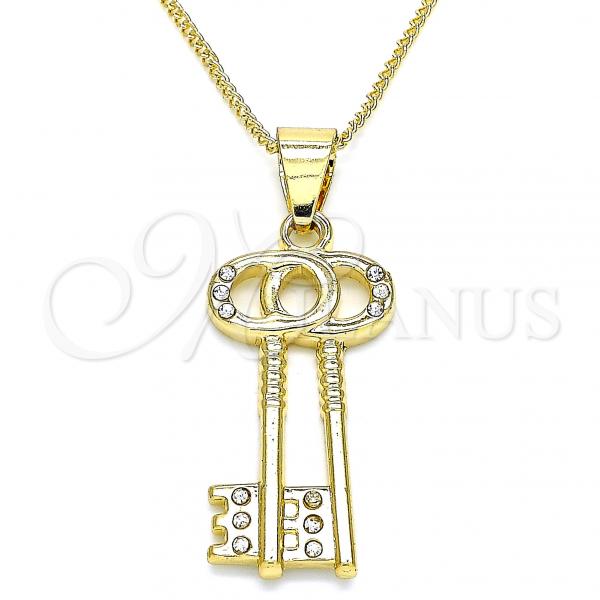 Oro Laminado Pendant Necklace, Gold Filled Style key Design, with White Crystal, Polished, Golden Finish, 04.213.0192.20