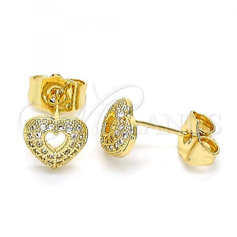 Oro Laminado Stud Earring, Gold Filled Style Heart Design, with White Micro Pave, Polished, Golden Finish, 02.156.0623