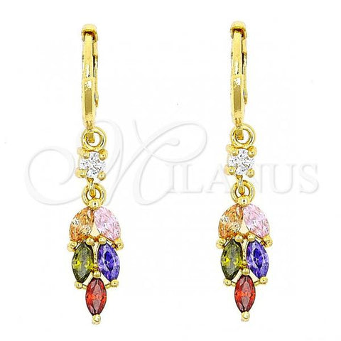 Oro Laminado Long Earring, Gold Filled Style Leaf Design, with Multicolor Cubic Zirconia, Polished, Golden Finish, 02.210.0005