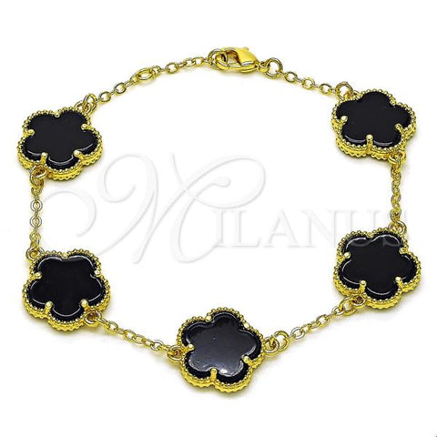 Oro Laminado Fancy Bracelet, Gold Filled Style Flower and Rolo Design, with Black Opal, Polished, Golden Finish, 03.313.0043.1.08