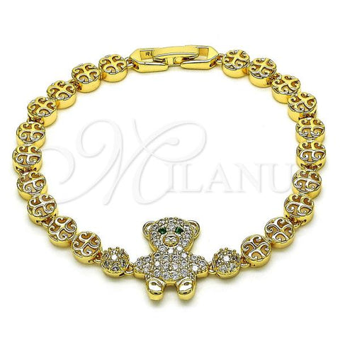 Oro Laminado Fancy Bracelet, Gold Filled Style Teddy Bear Design, with White and Green Micro Pave, Polished, Golden Finish, 03.283.0363.07