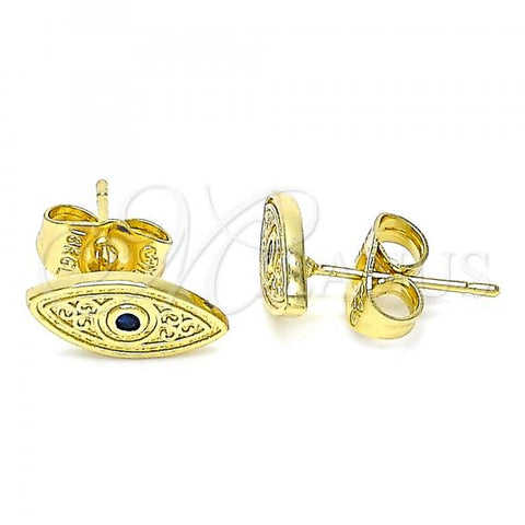 Oro Laminado Stud Earring, Gold Filled Style Evil Eye Design, with Sapphire Blue Micro Pave, Polished, Golden Finish, 02.156.0557