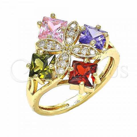 Oro Laminado Multi Stone Ring, Gold Filled Style Flower Design, with Multicolor Cubic Zirconia, Polished, Golden Finish, 01.365.0011.08 (Size 8)