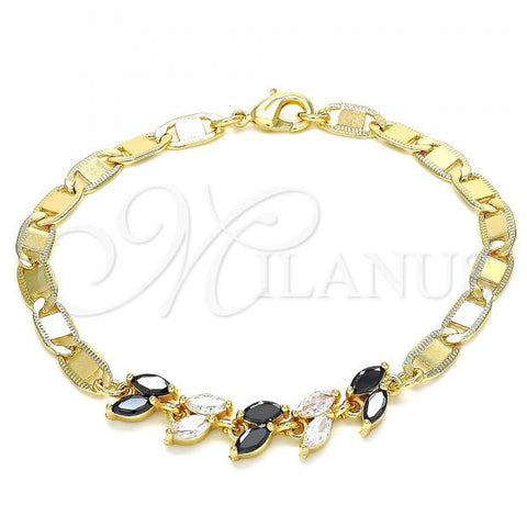 Oro Laminado Fancy Bracelet, Gold Filled Style Leaf Design, with Black and White Cubic Zirconia, Polished, Golden Finish, 03.63.2128.1.08