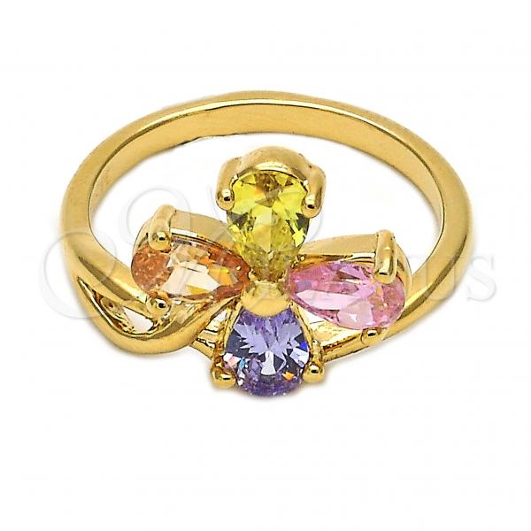 Oro Laminado Multi Stone Ring, Gold Filled Style Flower Design, with Multicolor Cubic Zirconia, Polished, Golden Finish, 5.172.007.07 (Size 7)