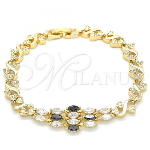 Oro Laminado Fancy Bracelet, Gold Filled Style Heart Design, with Black and White Cubic Zirconia, Polished, Golden Finish, 03.210.0136.07