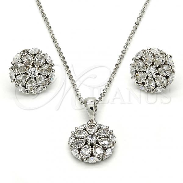 Sterling Silver Earring and Pendant Adult Set, Flower Design, with White Cubic Zirconia, Polished, Rhodium Finish, 10.175.0018