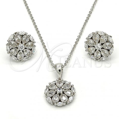 Sterling Silver Earring and Pendant Adult Set, Flower Design, with White Cubic Zirconia, Polished, Rhodium Finish, 10.175.0018